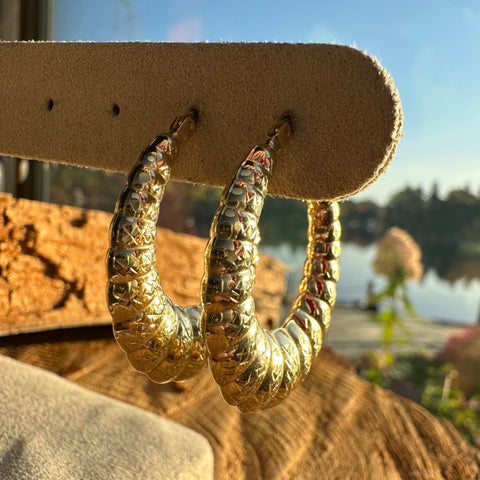 Hoop Earrings 10K Gold Puffy Diamond cut Bamboo