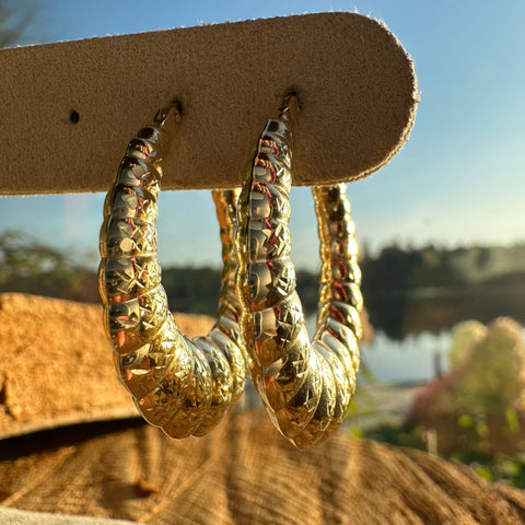 5 Hoop Earrings 10K Gold Puffy Diamond cut Bamboo