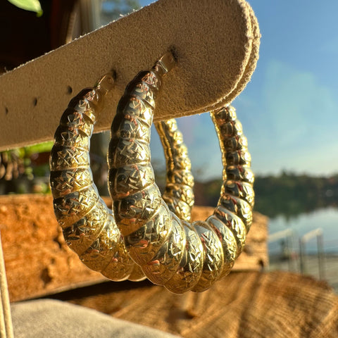 Hoop Earrings Solid Gold 10K Puffy Bamboo