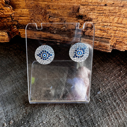 3 Sterling Silver with rhodium Evil Eye stud earrings 10mm diameter