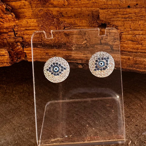 2 Sterling Silver with rhodium Evil Eye stud earrings 10mm diameter