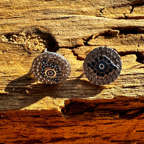 6 Sterling Silver with rhodium Evil Eye stud earrings 10mm diameter