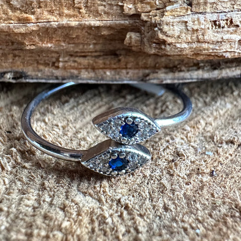 4 Sterling Silver with rhodium evil eye adjustable ring with cubic zirconia dainty ring