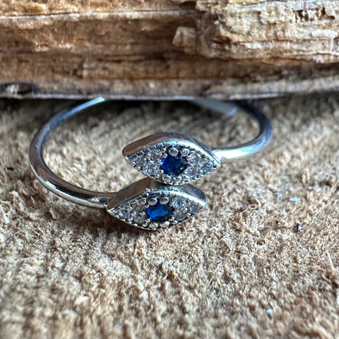 2 Sterling Silver with rhodium evil eye adjustable ring with cubic zirconia dainty ring