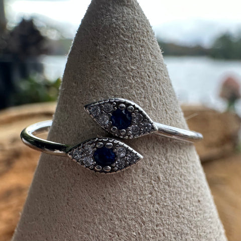 3 Sterling Silver with rhodium evil eye adjustable ring with cubic zirconia dainty ring