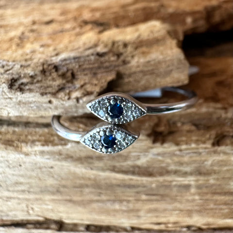 Sterling Silver with rhodium evil eye adjustable ring with cubic zirconia dainty ring