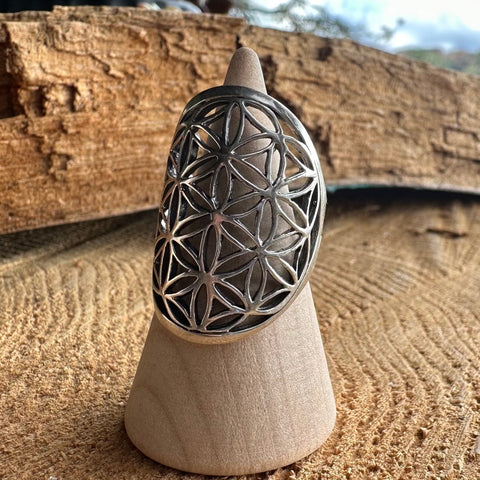 5 Sterling Silver long ring with Flower of Life design 30mm length