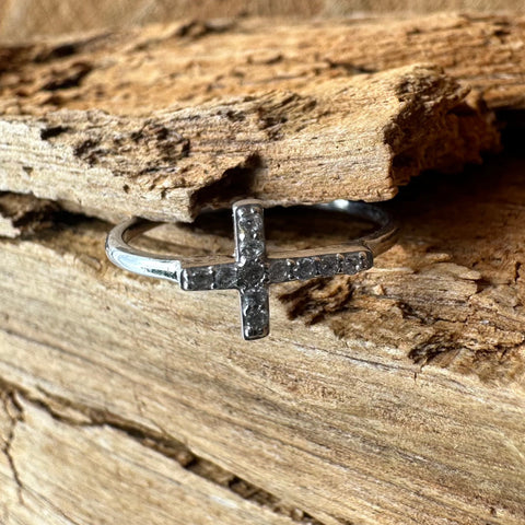 12 Sterling Silver with rhodium sideways Cross ring with Cubic Zirconia 7mm width Minimalistic