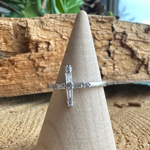 4 Sterling Silver with rhodium 12x20mm Cross ring with CZ Cubic Zirconia