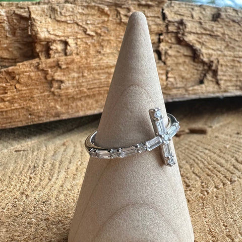 5 Sterling Silver with rhodium 12x20mm Cross ring with CZ Cubic Zirconia