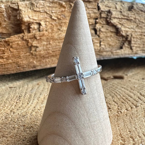6 Sterling Silver with rhodium 12x20mm Cross ring with CZ Cubic Zirconia