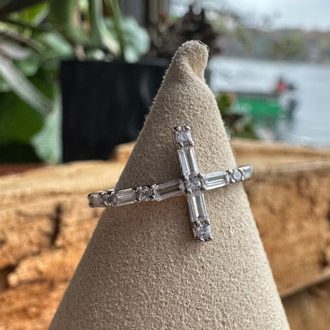 Sterling Silver with rhodium 12x20mm Cross ring with CZ Cubic Zirconia