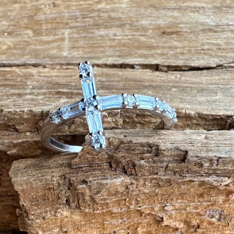 9 Sterling Silver with rhodium 12x20mm Cross ring with CZ Cubic Zirconia