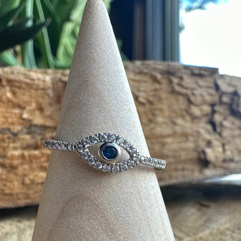 6 Sterling Silver with rhodium 5x9mm evil eye ring with cubic zirconia