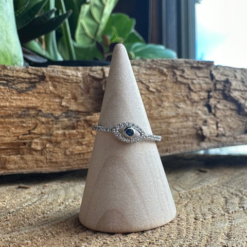 8 Sterling Silver with rhodium 5x9mm evil eye ring with cubic zirconia