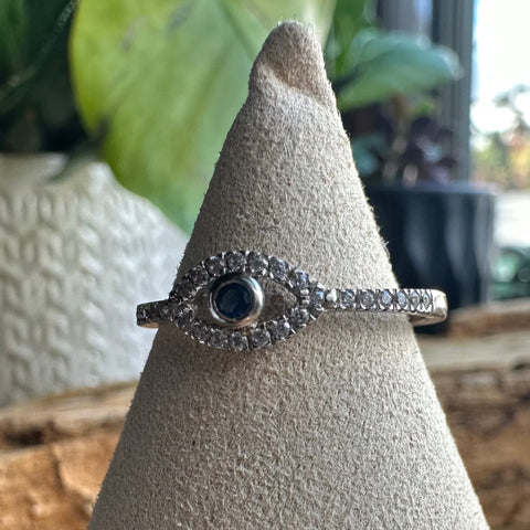 9 Sterling Silver with rhodium 5x9mm evil eye ring with cubic zirconia