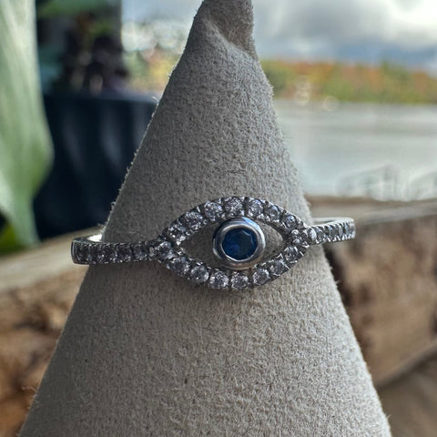 Sterling Silver with rhodium 5x9mm evil eye ring with cubic zirconia