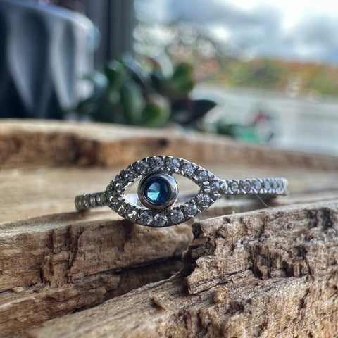 2 Sterling Silver with rhodium 5x9mm evil eye ring with cubic zirconia