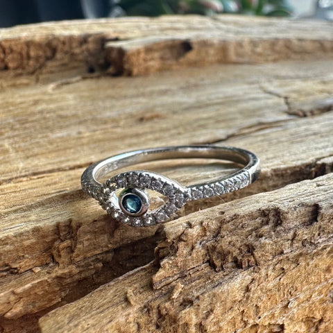 3 Sterling Silver with rhodium 5x9mm evil eye ring with cubic zirconia