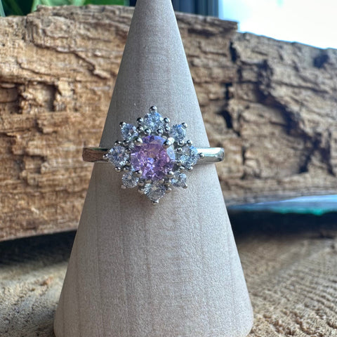 4 Sterling Silver with rhodium 11 mm flower ring 2mm band CZ Pink