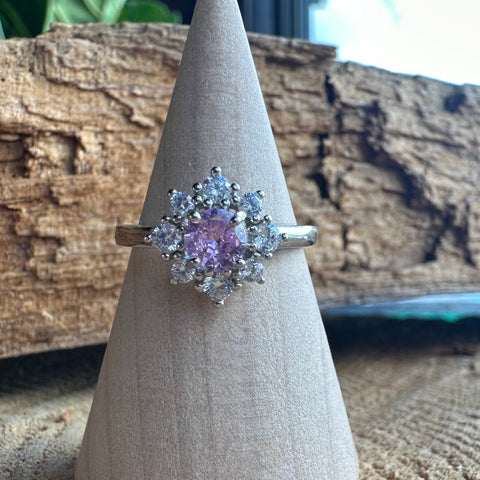 10 Sterling Silver with rhodium 11 mm flower ring 2mm band CZ Pink