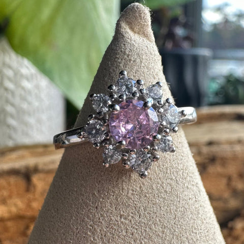 7 Sterling Silver with rhodium 11 mm flower ring 2mm band CZ Pink