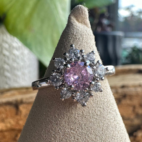 13 Sterling Silver with rhodium 11 mm flower ring 2mm band CZ Pink