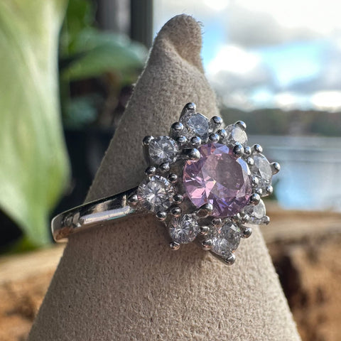 14 Sterling Silver with rhodium 11 mm flower ring 2mm band CZ Pink