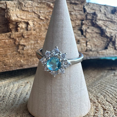 4 Sterling Silver with rhodium 11 mm flower ring 2mm band Blue cubic zirconia