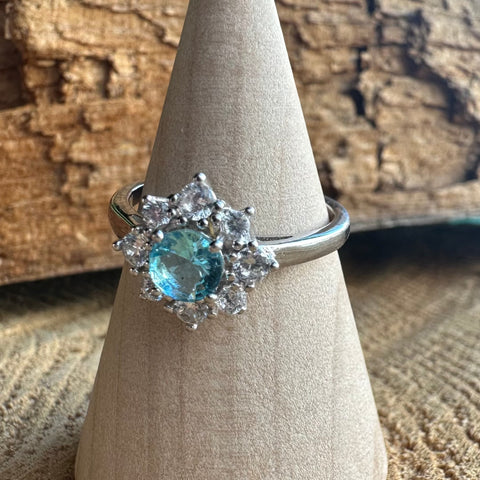 2 Sterling Silver with rhodium 11 mm flower ring 2mm band Blue cubic zirconia