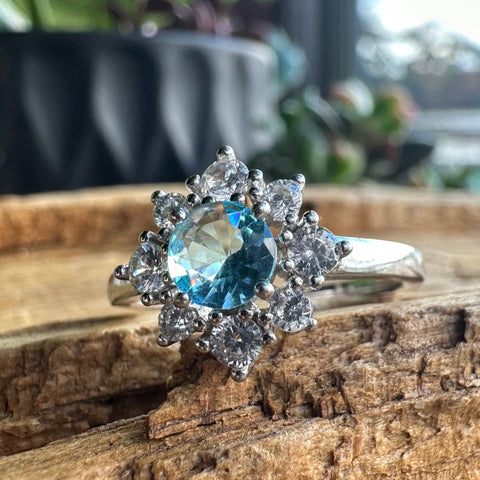 5 Sterling Silver with rhodium 11 mm flower ring 2mm band Blue cubic zirconia