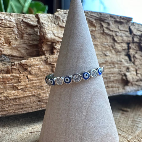  Sterling Silver with rhodium 3mm evil eye ring with cubic zirconia