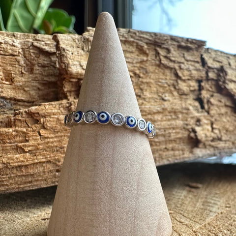  3 Sterling Silver with rhodium 3mm evil eye ring with cubic zirconia