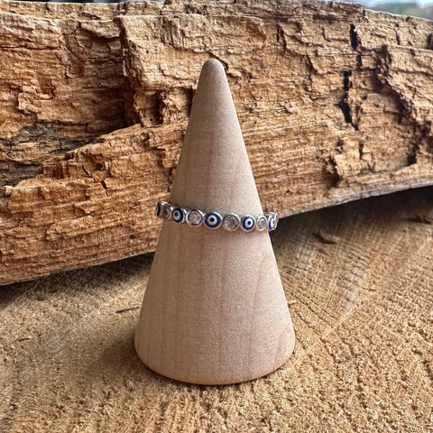 4  Sterling Silver with rhodium 3mm evil eye ring with cubic zirconia