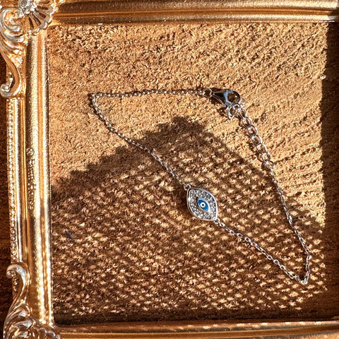 2 Sterling Silver with rhodium 8x12mm evil eye bracelet with cubic zirconia 7"