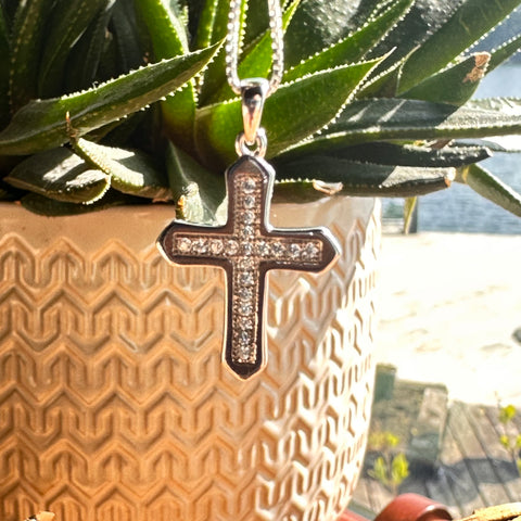 2 Rhodium plated on Sterling Silver flat Cross pendant with faceted stone size 21mm L x 17 mm W x 1.5 mm T