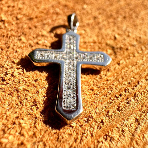 3 Rhodium plated on Sterling Silver flat Cross pendant with faceted stone size 21mm L x 17 mm W x 1.5 mm T
