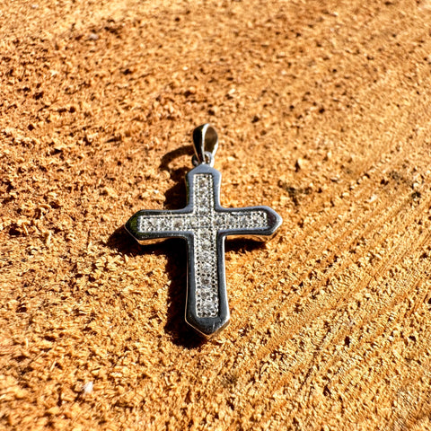 4 Rhodium plated on Sterling Silver flat Cross pendant with faceted stone size 21mm L x 17 mm W x 1.5 mm T
