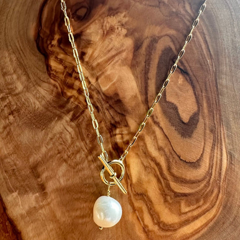 Sterling Silver Gold Plated ZEPHRYA Pearl Paperclip Toggle Necklace 4