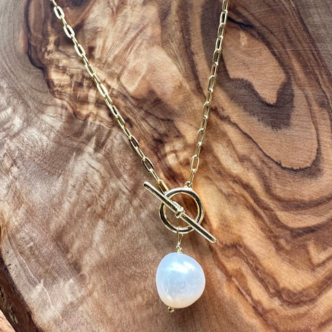Sterling Silver Gold Plated ZEPHRYA Pearl Paperclip Toggle Necklace 2