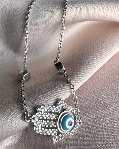3 Sterling silver with rhodium 12x16mm Hamsa bracelet with cubic zirconia 7″ + 1″ extension