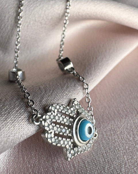 4 Sterling silver with rhodium 12x16mm Hamsa bracelet with cubic zirconia 7″ + 1″ extension