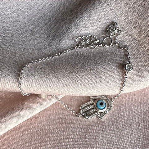 6 Sterling silver with rhodium 12x16mm Hamsa bracelet with cubic zirconia 7″ + 1″ extension