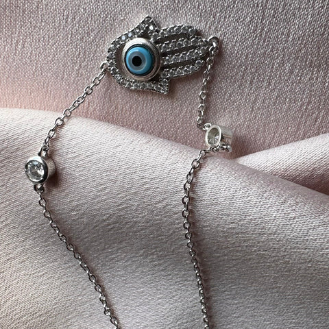 5 Sterling silver with rhodium 12x16mm Hamsa bracelet with cubic zirconia 7″ + 1″ extension