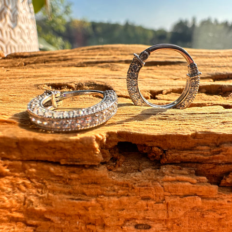 2 Sterling Silver with rhodium cubic zirconia huggies earrings 3x15mm outer diameter