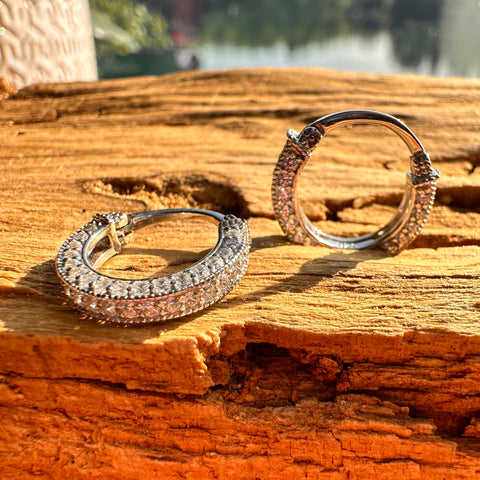 9 Sterling Silver with rhodium cubic zirconia huggies earrings 3x15mm outer diameter