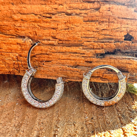 3 Sterling Silver with rhodium cubic zirconia huggies earrings 3x15mm outer diameter