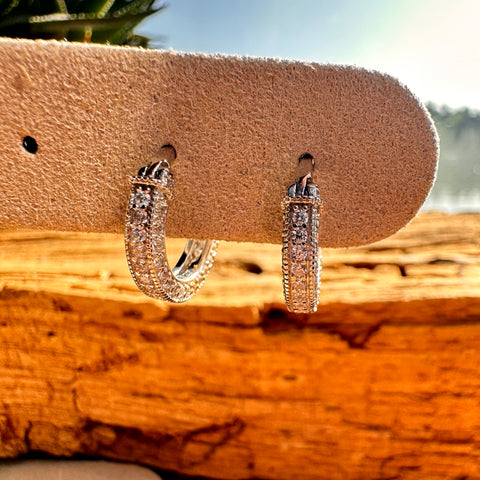 10 Sterling Silver with rhodium cubic zirconia huggies earrings 3x15mm outer diameter