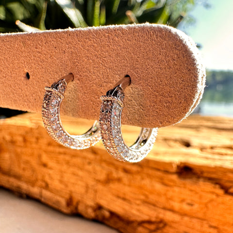  Sterling Silver with rhodium cubic zirconia huggies earrings 3x15mm outer diameter