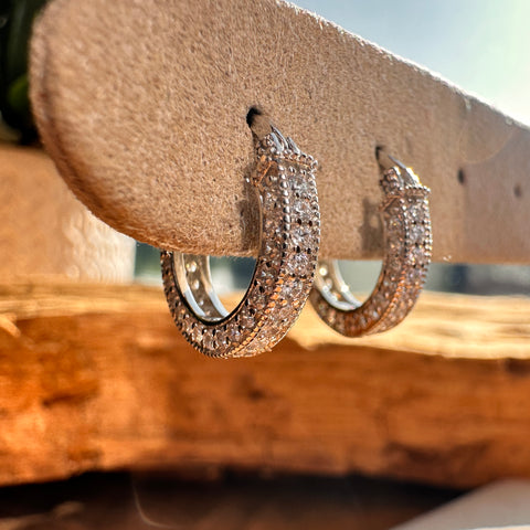 12 Sterling Silver with rhodium cubic zirconia huggies earrings 3x15mm outer diameter